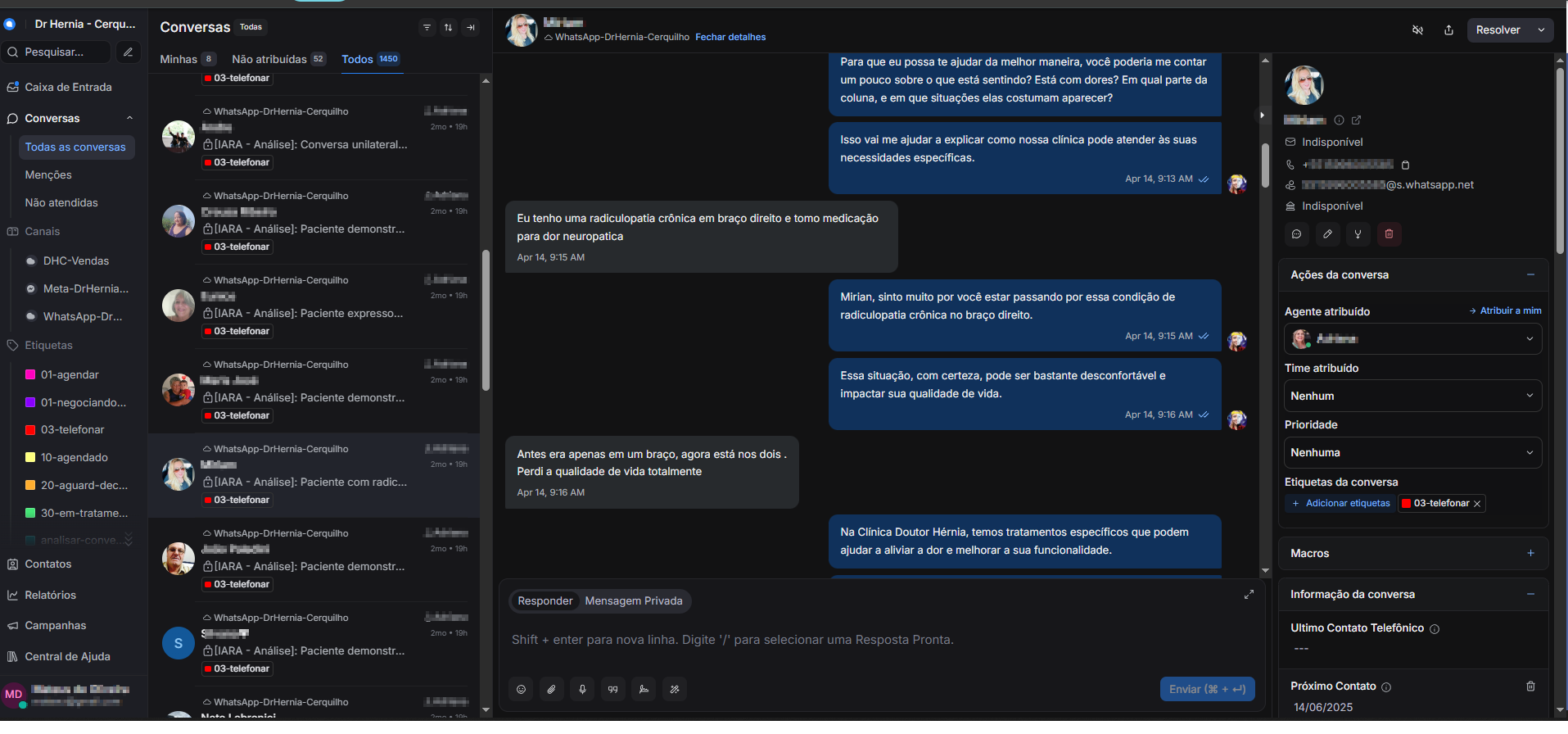 Interface do CRM LUCIAI integrado mostrando gestão de contatos, histórico de conversas omnicanal e dashboard de métricas